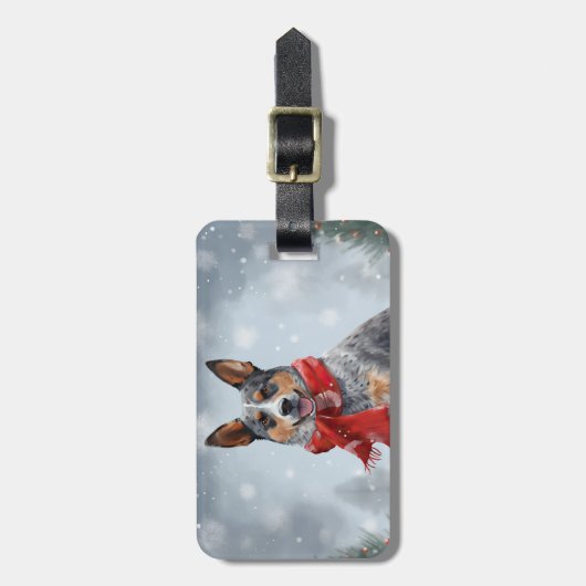 Australische vee Hond in Sneeuw Kerstmis Bagagelabel (Voorkant verticaal)