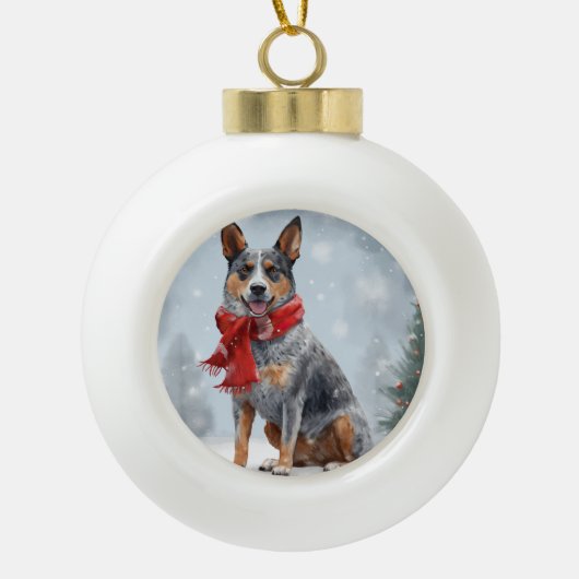 Australische vee Hond in Sneeuw Kerstmis Keramische Bal Ornament (Voorkant)