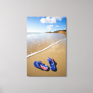 Australische vlag op strand   Zuid-Wales Canvas Afdruk