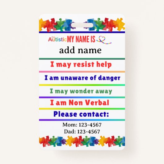 Autism Alert Nonverbal Autistic Contact Badge (Voorkant)