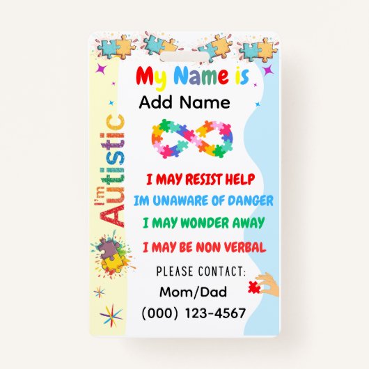 Autism Alert Nonverbal Autistic Contact Badge (Devant)