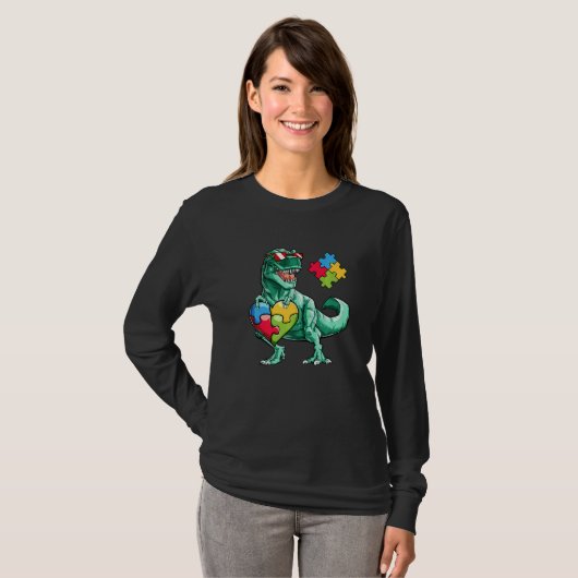 Autism Awareness Dinosaur T Rex Heart Puzzle Piece T-shirt (Voorkant volledig)