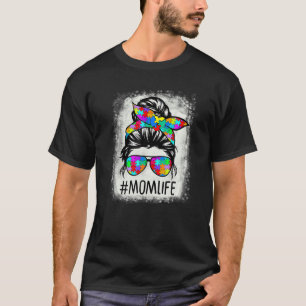 Autism Awareness Momlife Messy Bun Puzzle Beaching T-shirt