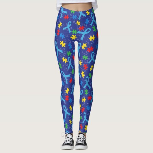 Autism Awareness Month Ribbon Puzzle Pattern Leggings (Voorkant)