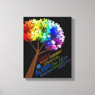 Autism Awareness Rainbow Puzzle Tree met woorden Canvas Afdruk