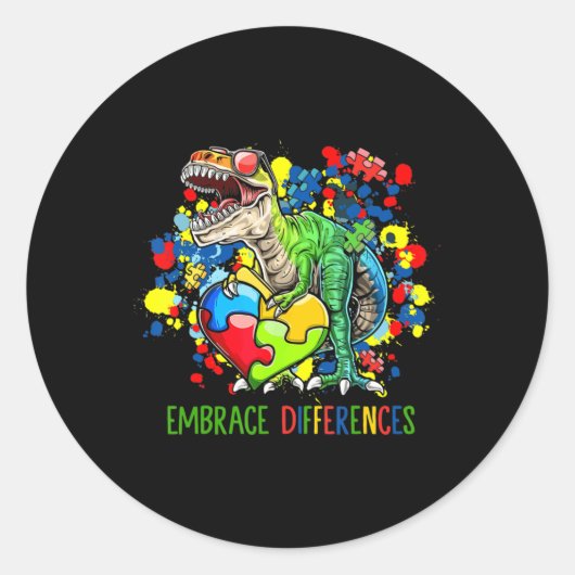 Autism Embrace Differences Dinosaur T-Rex Kinder C Ronde Sticker (Voorkant)