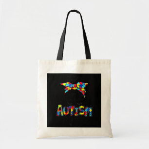 Autism Mam Messy Bun Hair Autism Awareness Puzzle Tote Bag