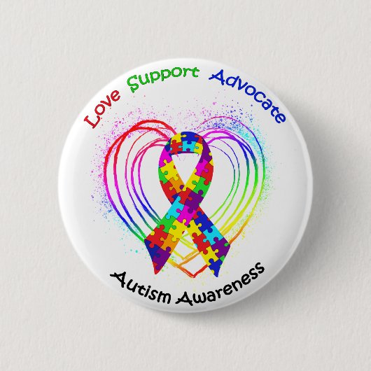 Autism Ribbon op hart: Ronde Button 5,7 Cm (Voorkant)
