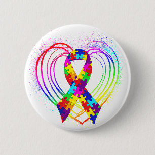 Autism Ribbon op hart: Ronde Button 5,7 Cm