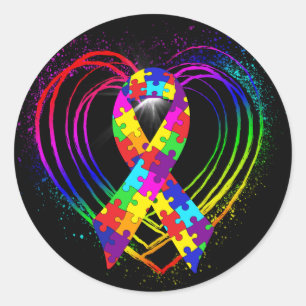 Autism Ribbon op hart: Ronde Sticker