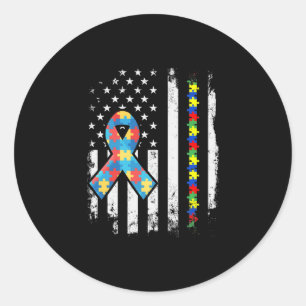 Autisme Awareness Puzzle Ribbon American Flag Ronde Sticker