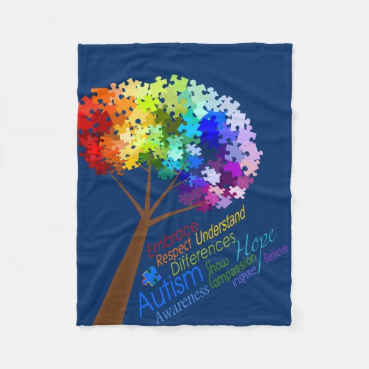 Autisme Awareness Puzzle Tree met woorden Fleece Deken (Voorkant)
