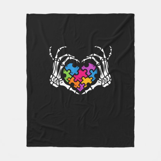 Autisme Bewustzijn als Skeleton Hand Heart Puzzel Fleece Deken (Voorkant)