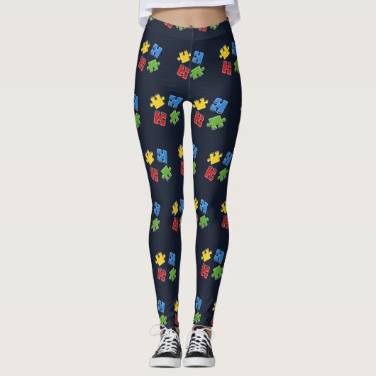 Autisme Bewustzijn Blauw Geel Rood Groen Puzzels Leggings (Voorkant)
