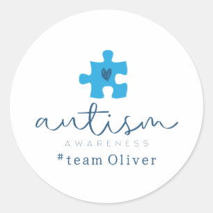 autisme bewustzijn blauwe puzzelstuk #team naam  ronde sticker
