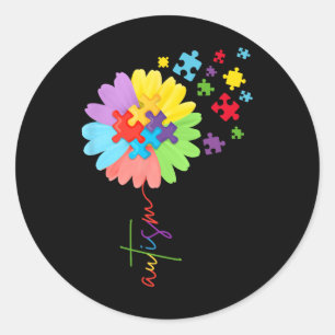 Autisme Bewustzijn Zonnebloem Puzzel Stuk Kinder Ronde Sticker