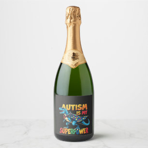 Autisme is mijn superkracht Dinosaur Autisme Accep Sparkling Wijnetiket