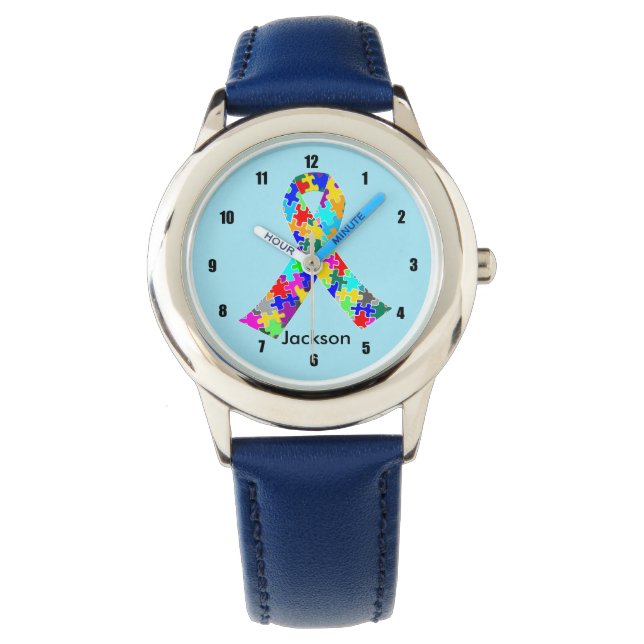 Autisme Lint Blauw Aangepast Kinder Horloge (Voorkant)