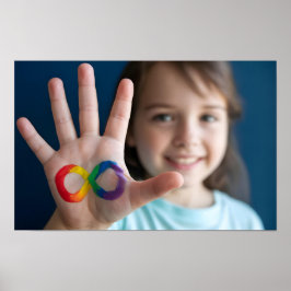 Autistische kinderhand met regenboog-oneindigheids poster