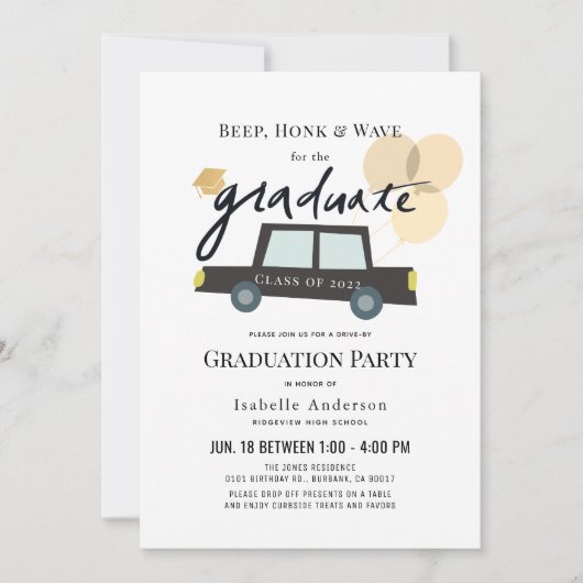 Auto-ballonnen drive-by-Afstuderen uitnodiging (Voorkant)