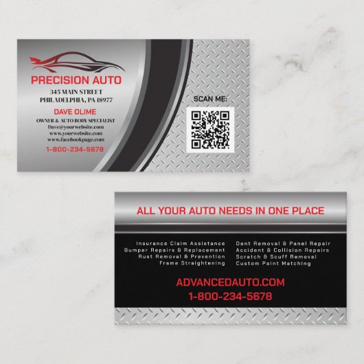 Auto Body Custom Paint Detailing Collison QR-code Visitekaartje (Voorkant / Achterkant)