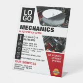 Auto-engine, automatische mechanische reparatie en reclamebord met voetstuk (Voorkant)