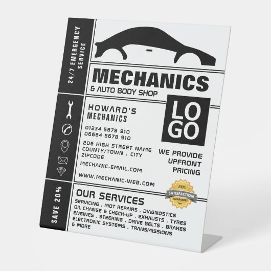 Auto-Logo, automatische mechanisme en reparaties A Reclamebord Met Voetstuk (Voorkant)