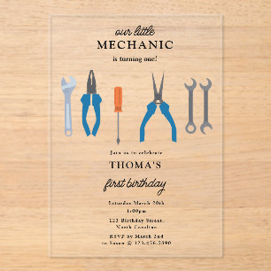 Auto Mechanic Automotive Tools Boy Eerste Verjaard Acryl Uitnodigingen