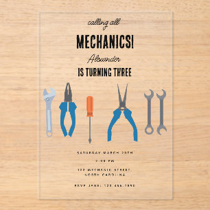 Auto Mechanic Automotive Tools Boy Verjaardagsfees Acryl Uitnodigingen