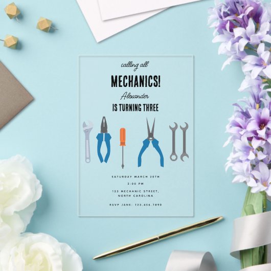 Auto Mechanic Automotive Tools Boy Verjaardagsfees Acryl Uitnodigingen (Insitu (Huwelijk))