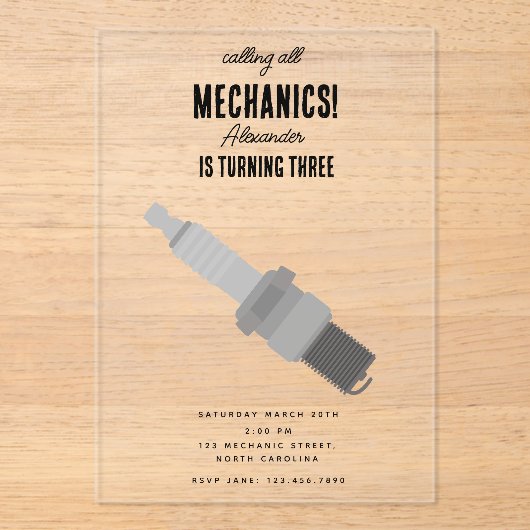Auto Mechanic Automotive Tools Boy Verjaardagsfees Acryl Uitnodigingen (Voorkant)