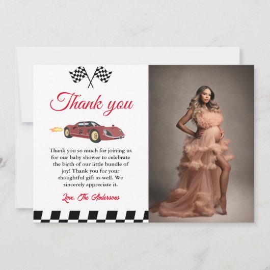 Auto Race Baby shower Dank u kaart (Voorkant)