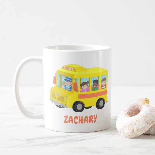Autobus scolaire jaune mignon et tasse heureuse (Avec donut)