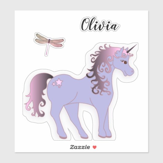 Autocollant à licorne violette et à libellule (Feuille)