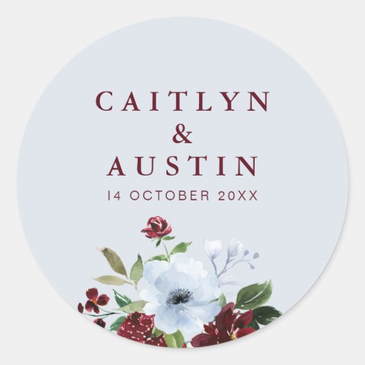 autocollant à mariage floral bleu bordeaux et pous (Devant)