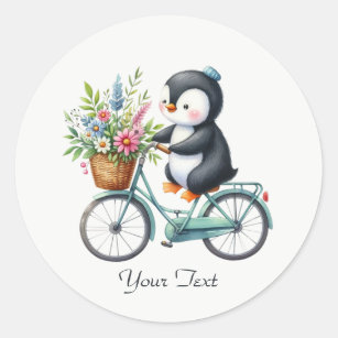 Autocollant à pingouin à bicyclette floral
