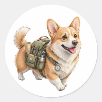 Autocollant aquarelle Aventure de randonnée Corgi