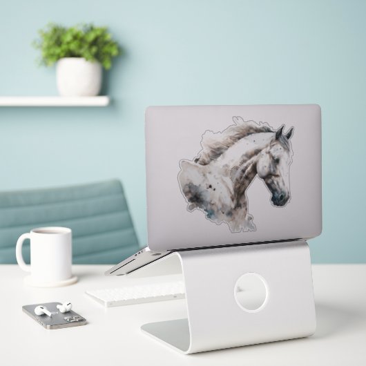 Autocollant - Aquarelle Cheval Blanc (Ordinateur portable sur le bureau)