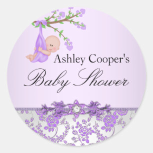 Autocollant Baby Shower Jardin de Roses Violettes