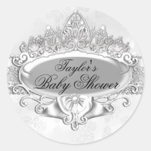 Autocollant Baby Shower Tiara & Argent Damassé