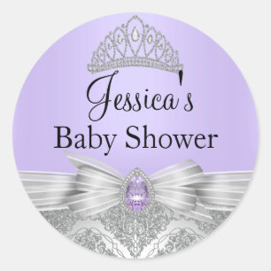 Autocollant Baby Shower Tiara & Damassé Argent Vio