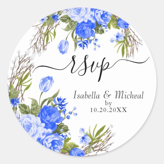 Autocollant bleu floral - RSVP classique rond (Devant)