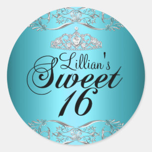 Autocollant Bleu Noir Damassé & Diadème Sweet 16