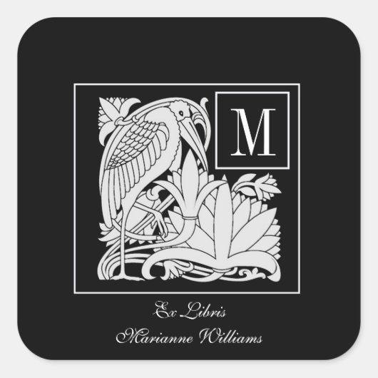 Autocollant Bookplate Art Nouveau Heron Monogram (Devant)