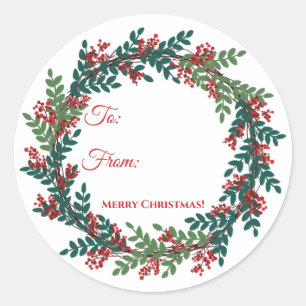 Autocollant cadeau de Noël Green Red Berry Wreath