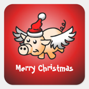 Autocollant carré classique Flying Pig Christmas