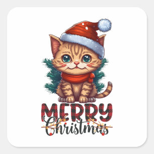 Autocollant carré Cute Cat Kitten Joyeux Noël