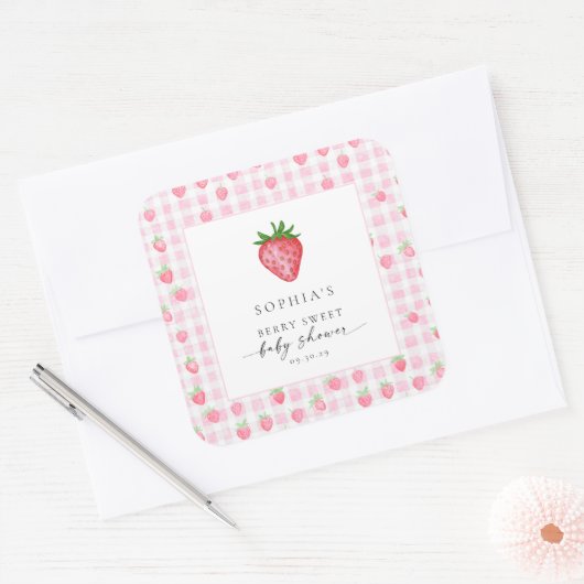 Autocollant Carré de Baby shower de fraise Berry S (Enveloppe)