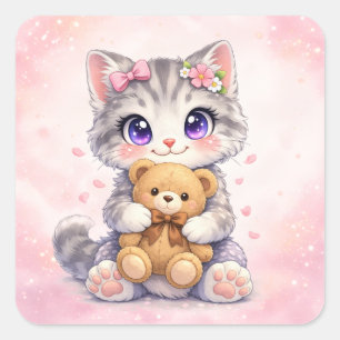 Autocollant carré de chaton mignon étreignant un o