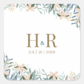 Autocollant carré de date de mariage à monogramme (Devant)